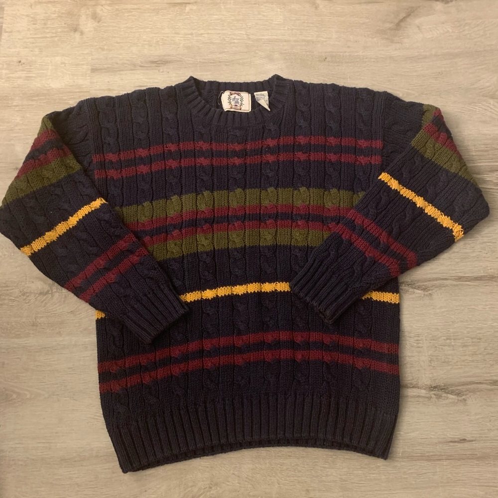 Sears & Roebuck Sweater Pullover Mens Size Large Cotton Crewneck Striped Blue